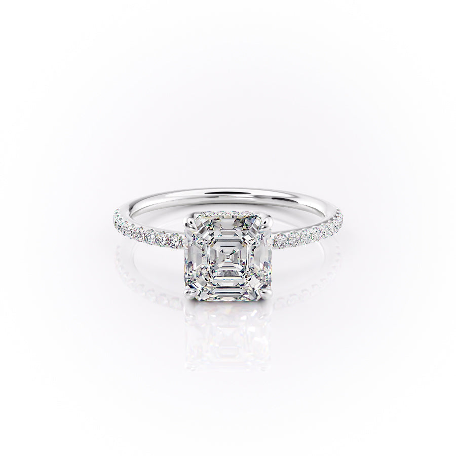Echelon 1.94 Carat VVS Lab-Grown Asscher Hidden Halo Pave Engagement Ring in 18K White Gold Front View