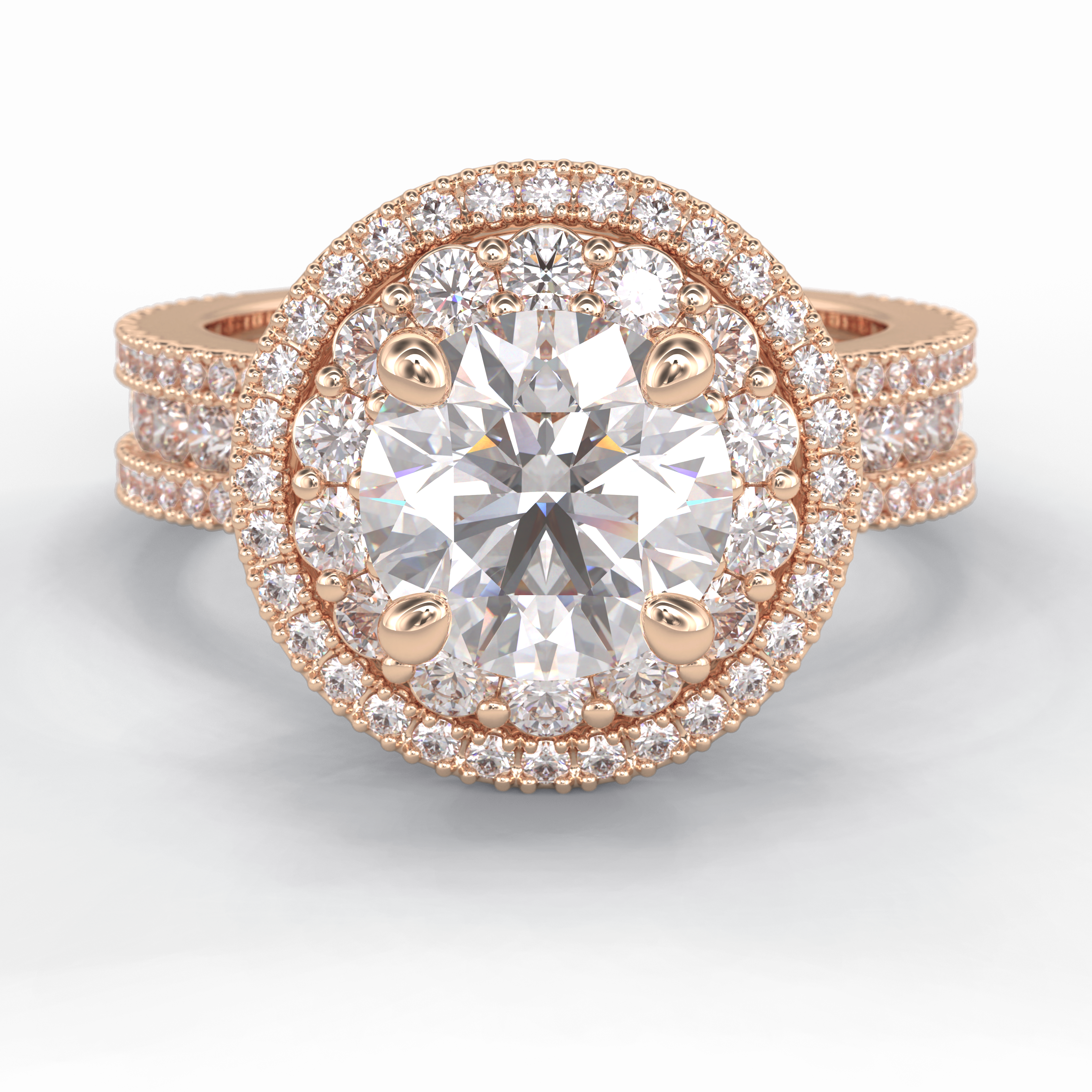 Eclipse 2.06 Carat Round VS1 Lab-Grown Double Halo Engagement Ring in 18K Rose Gold