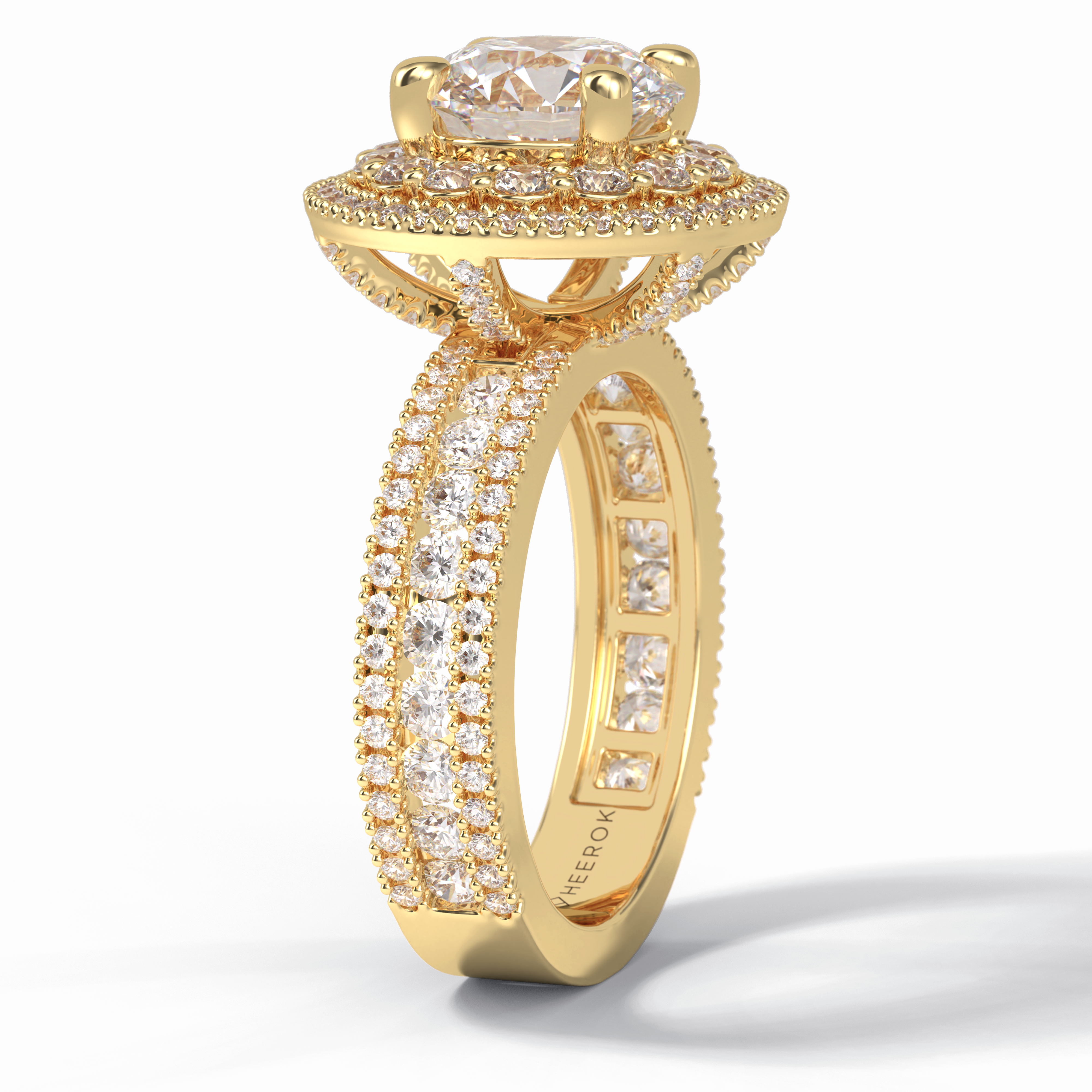Eclipse 2.06 Carat Round VS1 Lab-Grown Double Halo Engagement Ring in 18K Yellow Gold