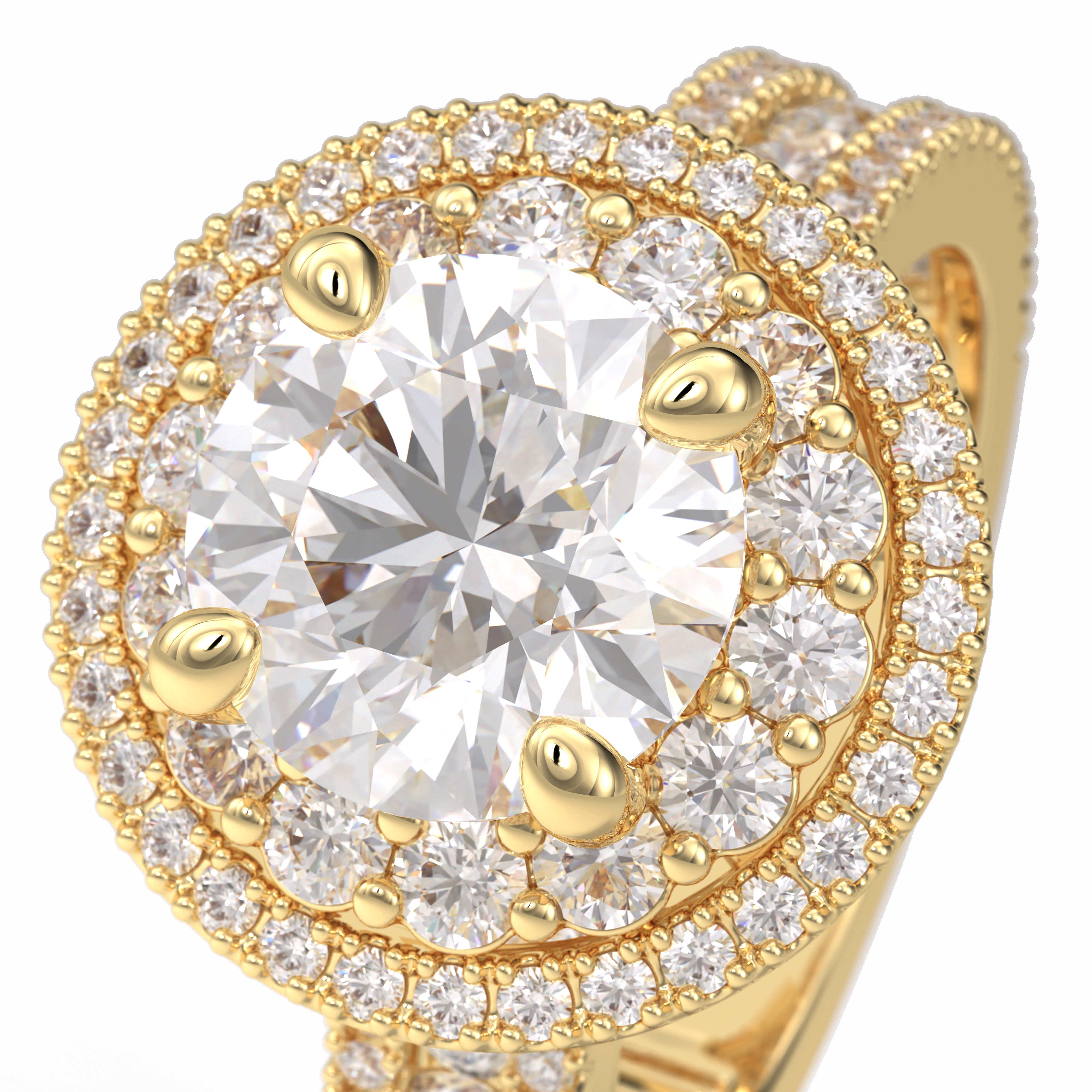 Eclipse 2.06 Carat Round VS1 Lab-Grown Double Halo Engagement Ring in 18K Yellow Gold