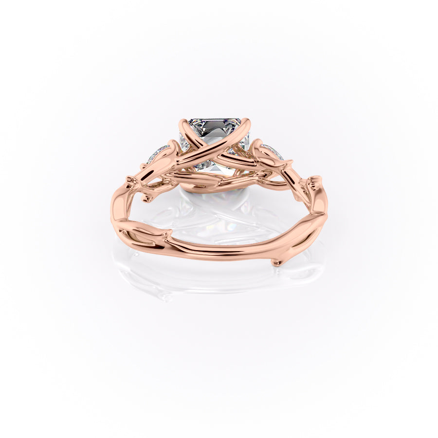Eldergrove Prism 1.55 Carat VVS Lab-Grown Asscher Three-Stone Engagement Ring in 18K Rose Gold Back View