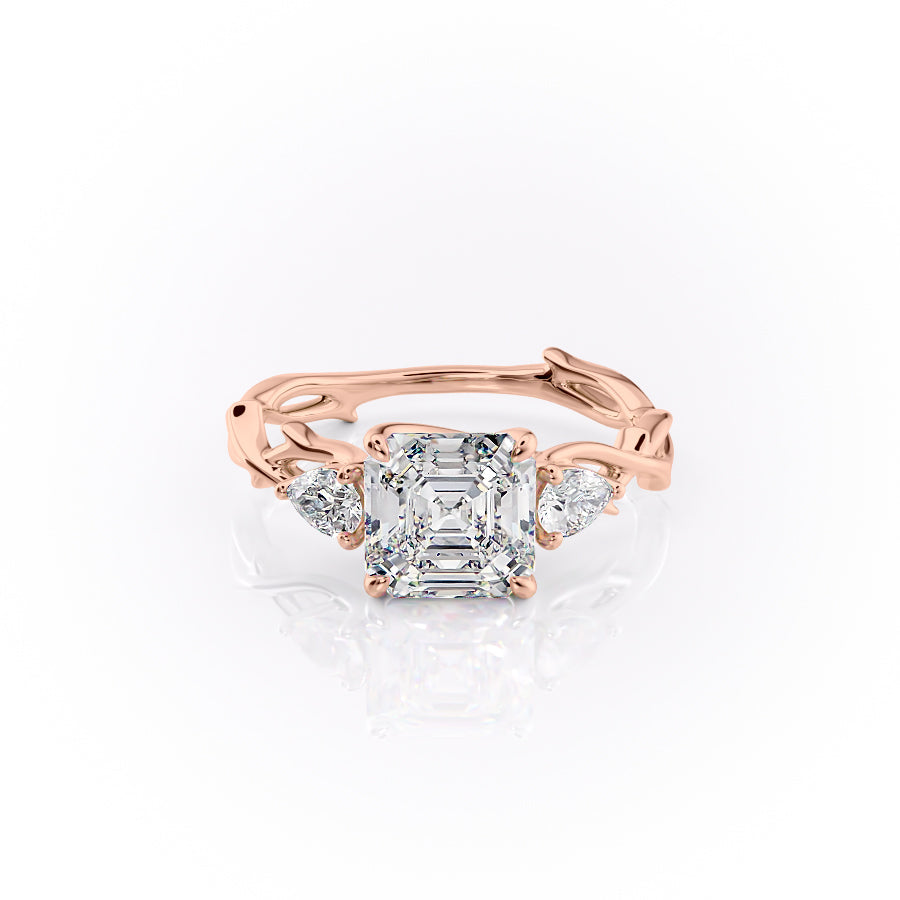 Eldergrove Prism 1.55 Carat VVS Lab-Grown Asscher Three-Stone Engagement Ring in 18K Rose Gold Front View