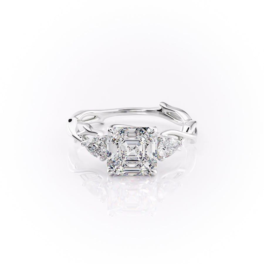 Eldergrove Prism 1.55 Carat VVS Lab-Grown Asscher Three-Stone Engagement Ring in 18K White Gold Front View
