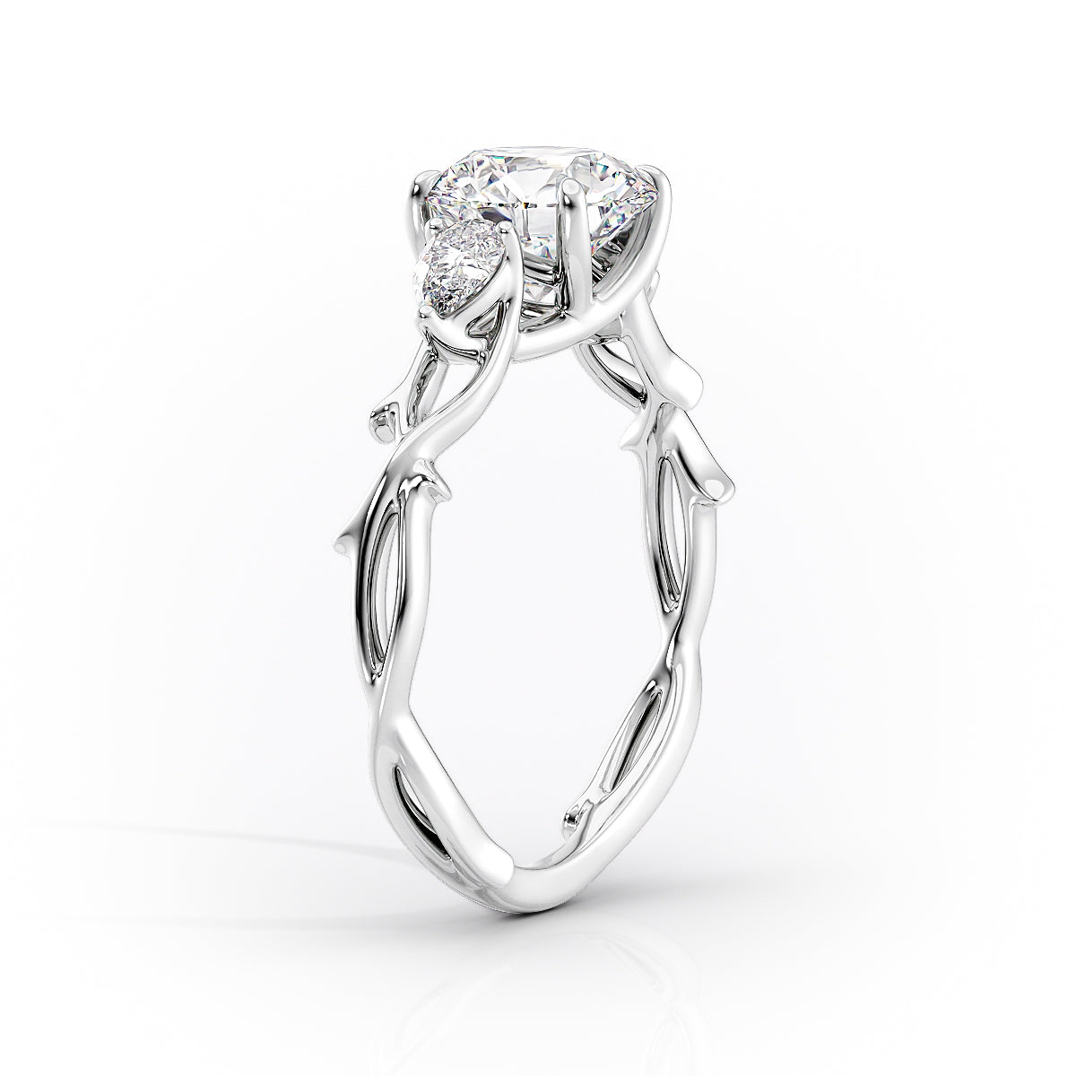 Eldergrove Prism 1.55 Carat VVS Lab-Grown Asscher Three-Stone Engagement Ring in 18K White Gold Standing View