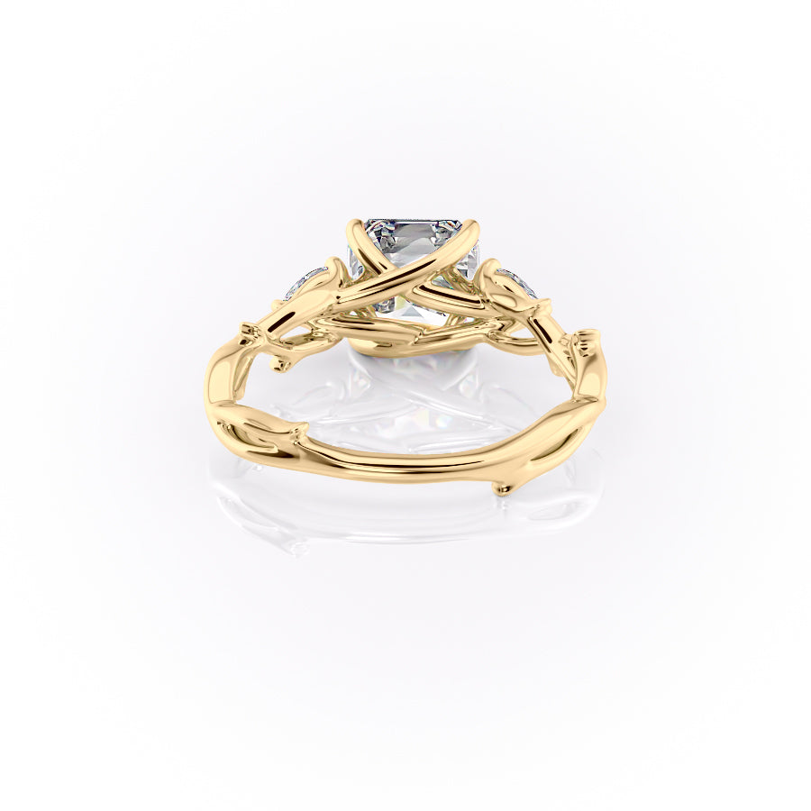 Eldergrove Prism 1.55 Carat VVS Lab-Grown Asscher Three-Stone Engagement Ring in 18K Yellow Gold Back View