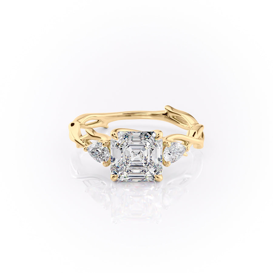 Eldergrove Prism 1.55 Carat VVS Lab-Grown Asscher Three-Stone Engagement Ring in 18K Yellow Gold Front View