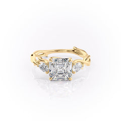 Eldergrove Prism 1.55 Carat VVS Lab-Grown Asscher Three-Stone Engagement Ring in 18K Yellow Gold Front View