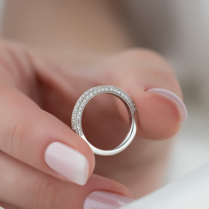 Elegant Halo VVS1 Lab-Grown Wedding Ring in 18K White Gold Closeup On Finger Side View