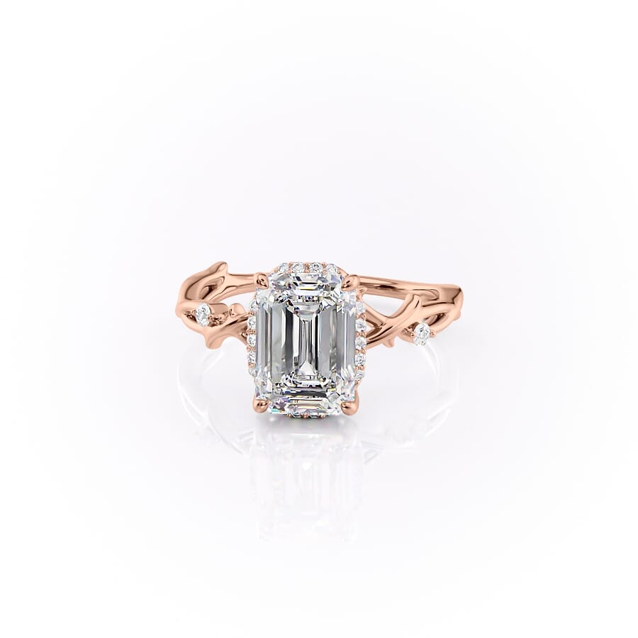 Emera Halo Trine 1.90 Carat VVS Lab-Grown Emerald Three-Stone Engagement Ring in 18K Rose Gold Front view