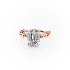 Emera Halo Trine 1.90 Carat VVS Lab-Grown Emerald Three-Stone Engagement Ring in 18K Rose Gold Front view