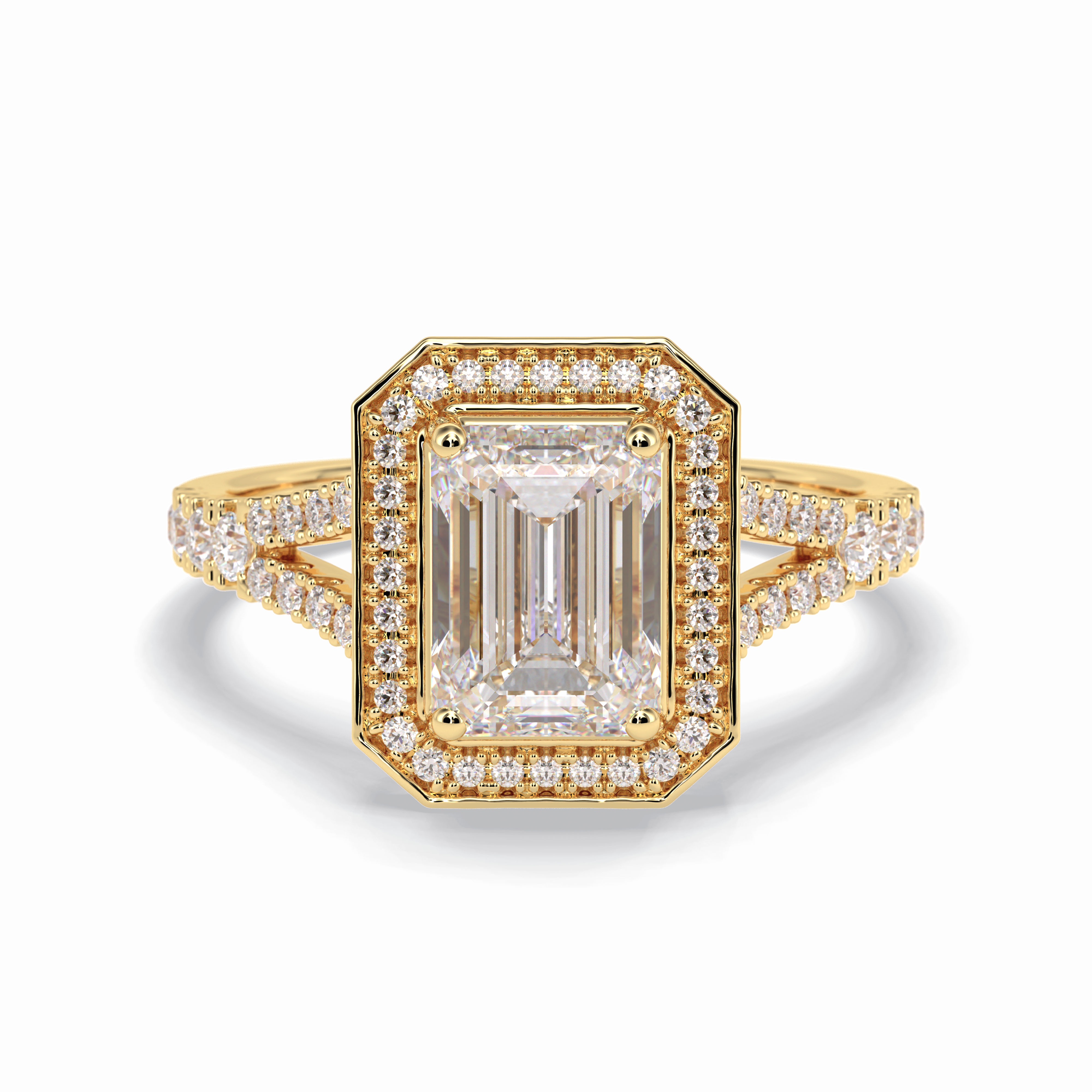 Empire 1.41 Carat Emerald VS1 Moissanite Halo Engagement Ring in 18K Yellow Gold