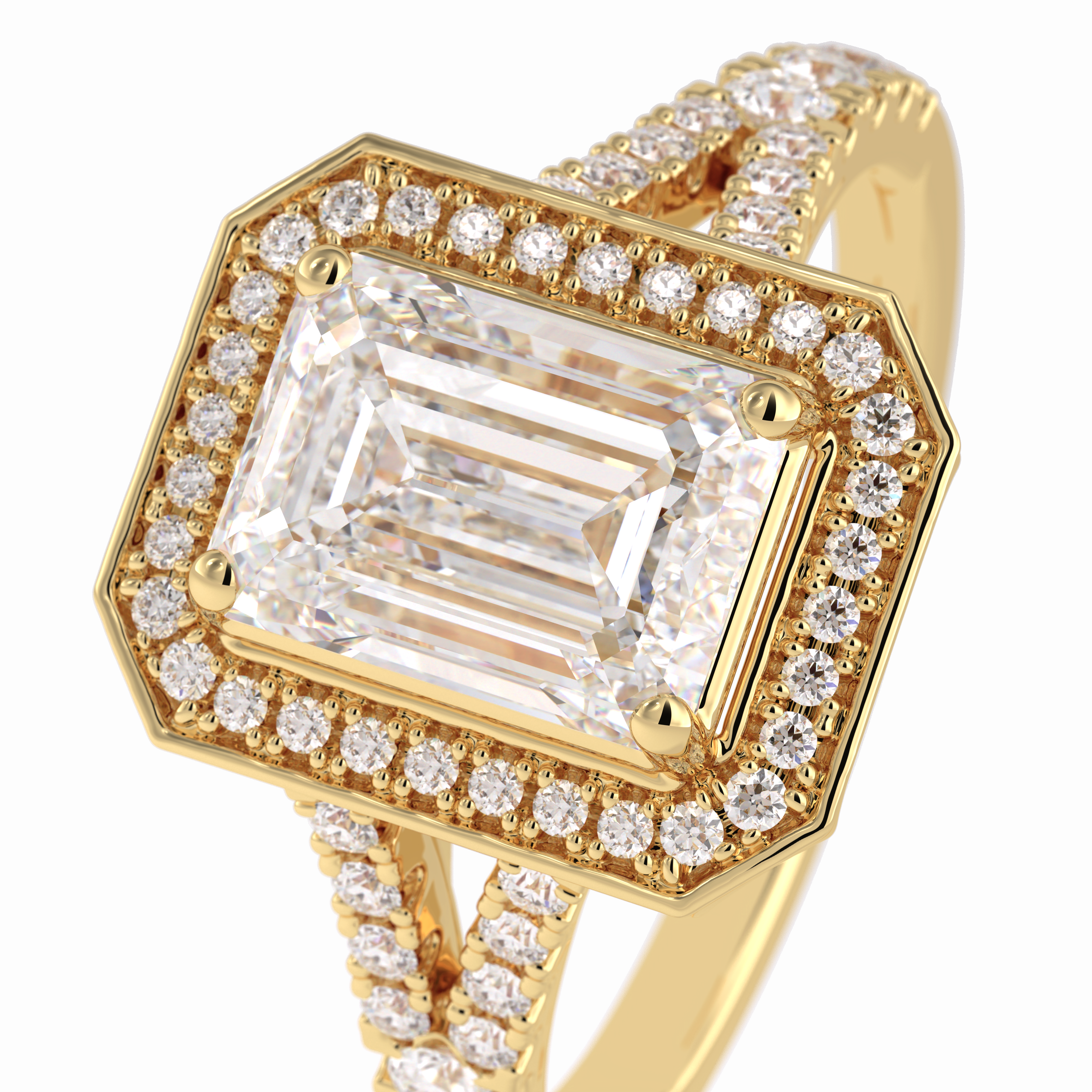 Empire 1.41 Carat Emerald VS1 Moissanite Halo Engagement Ring in 18K Yellow Gold