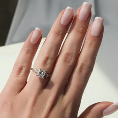 Enchanted Blossom 3.10 Carat VVS1 Lab-Grown Princess Three-Stone Engagement Ring in 18K White Gold Finger View
