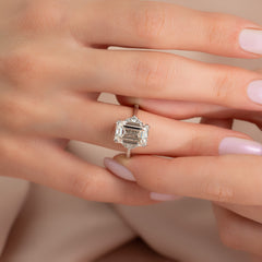 Eternal Prism 2 Carat VVS1 Lab-Grown Emerald Three Stone Engagement Ring in 18K White Gold Finger View