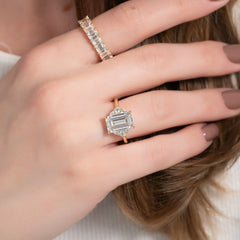 Eternal Prism 2 Carat VVS1 Lab-Grown Emerald Three Stone Engagement Ring in 18K Yellow Gold Finger View