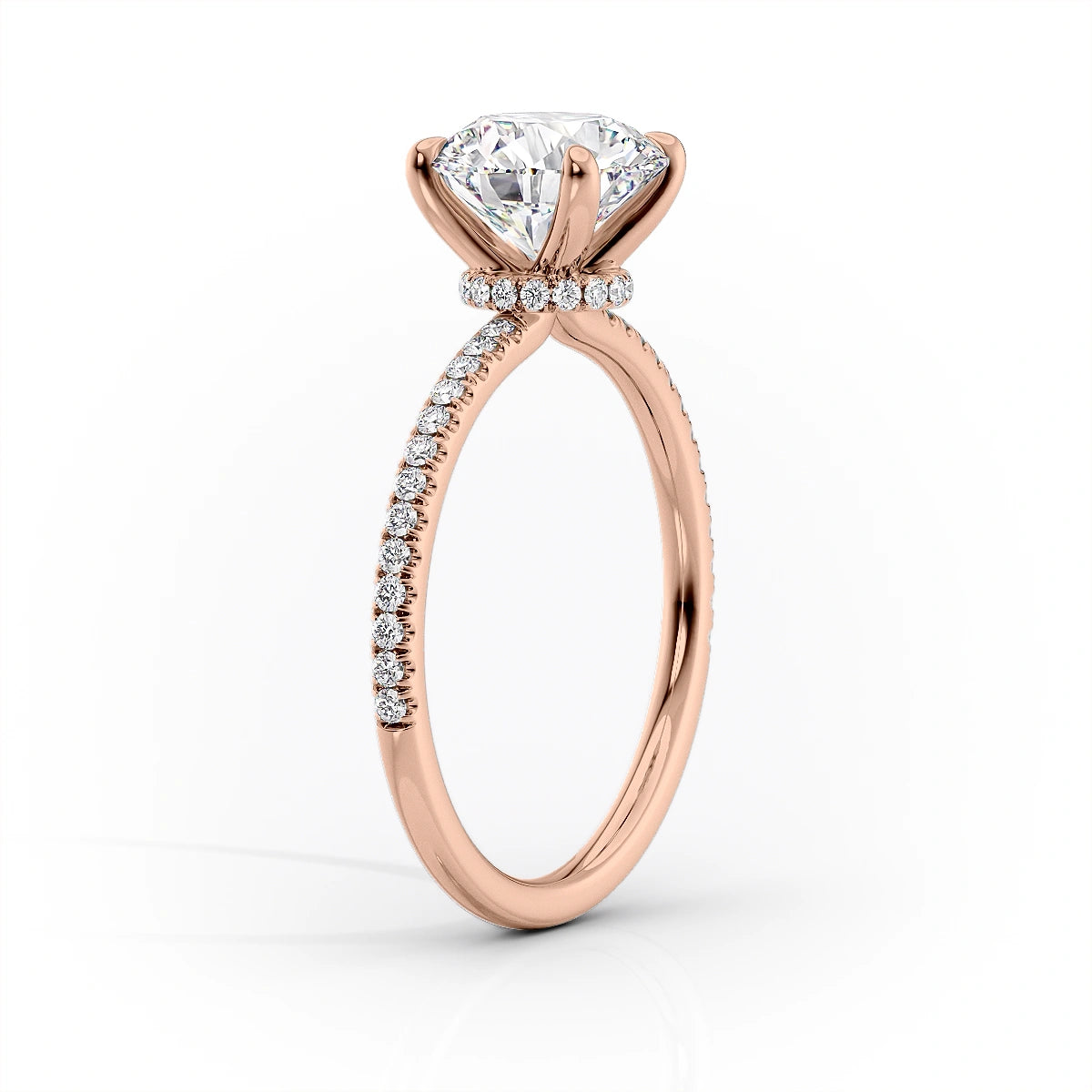 Eternal Spark 2.81 Carat VVS1 Lab-Grown Hidden Halo Pave Engagement Ring in 18K Rose Gold Standing View