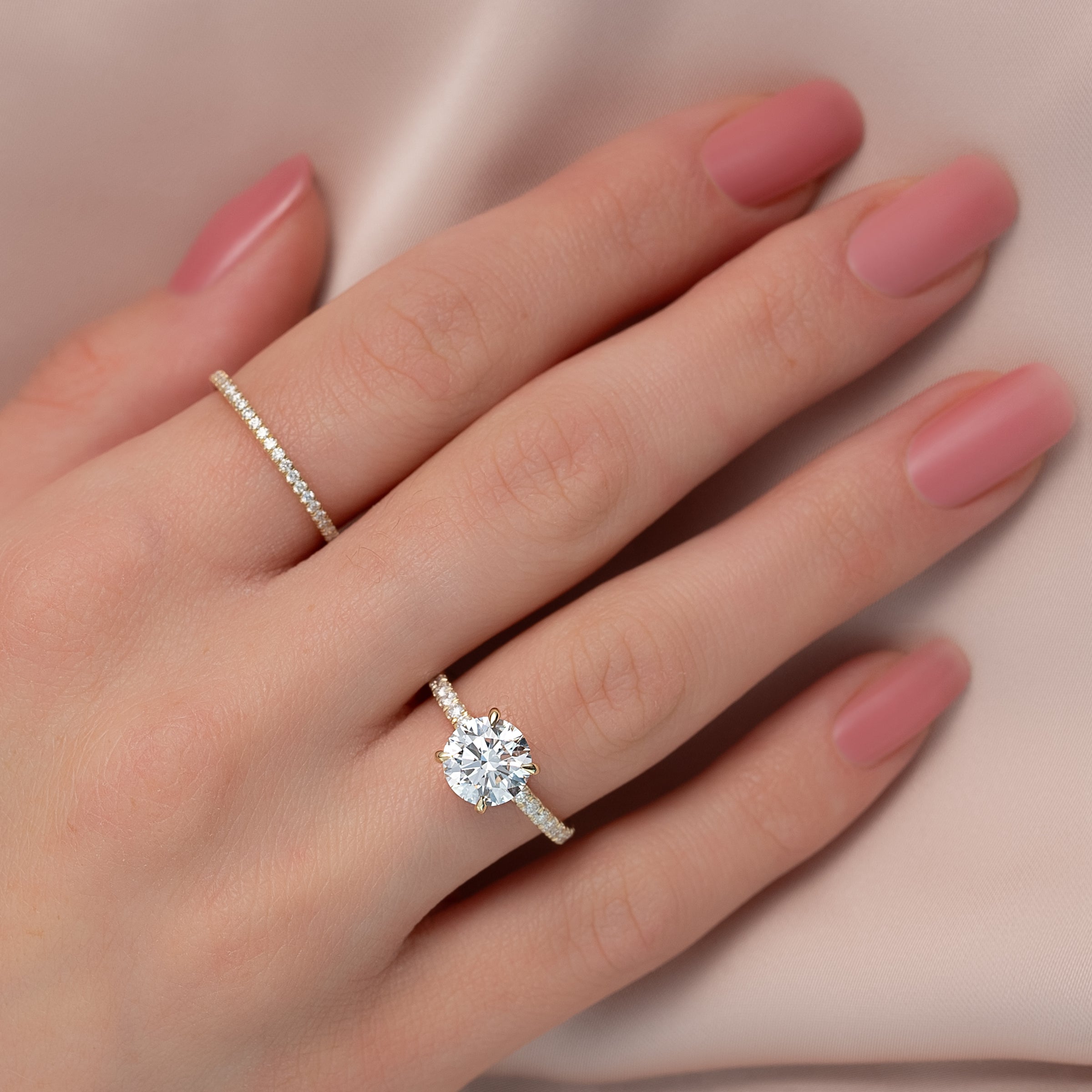 Eternal Spark 2.81 Carat VVS1 Lab-Grown Hidden Halo Pave Engagement Ring in 18K Yellow Gold Finger View