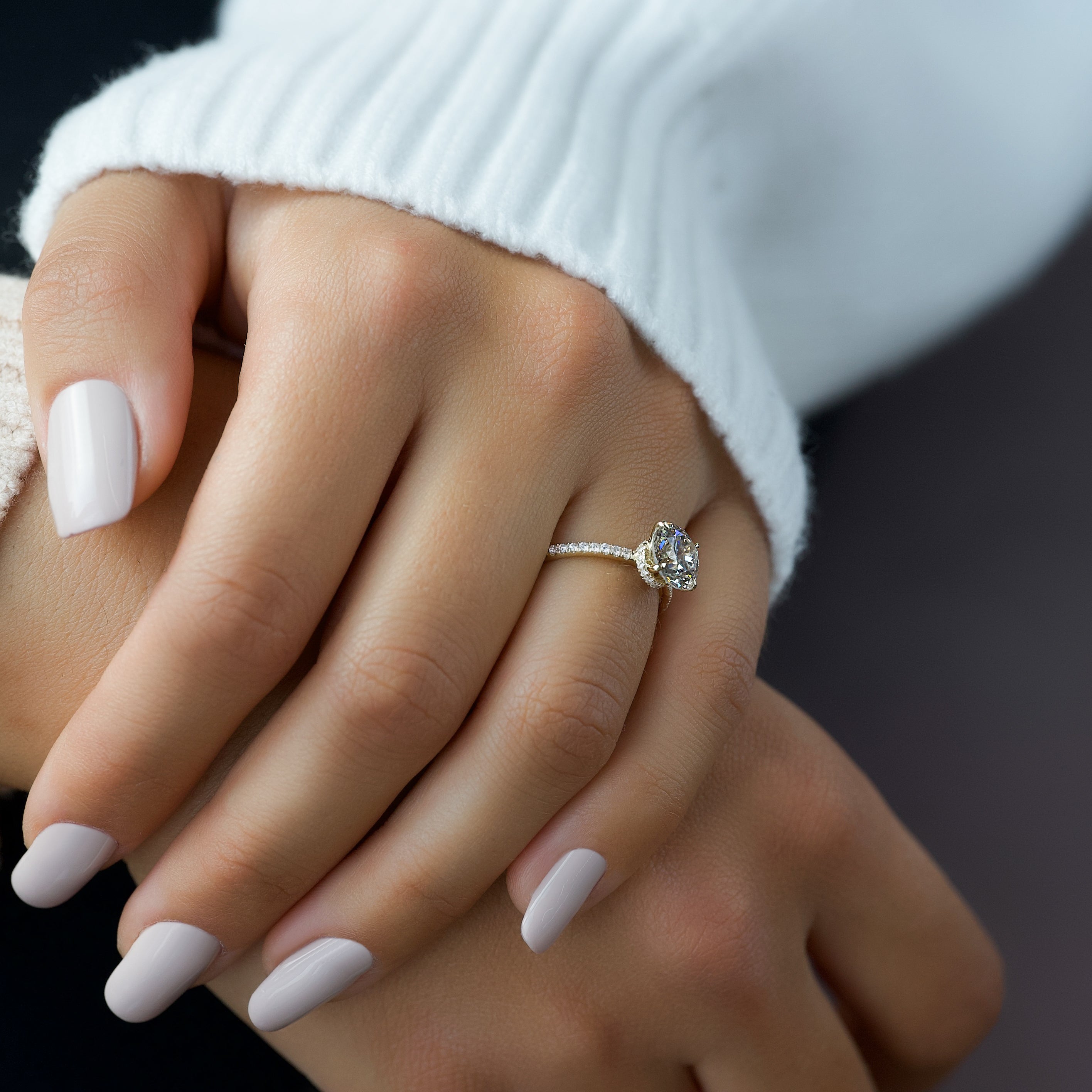 Eternal Spark 2.81 Carat VVS1 Lab-Grown Hidden Halo Pave Engagement Ring in 18K Yellow Gold Hand View