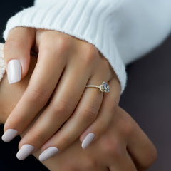 Eternal Spark 2.81 Carat VVS1 Lab-Grown Hidden Halo Pave Engagement Ring in 18K Yellow Gold Hand View