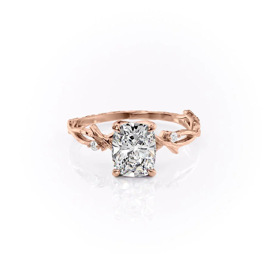 Eternal Weave 3.05 Carat VVS1 Lab-Grown Elongated Cushion Textured Three-Stone Engagement Ring in 18K Rose Gold Front View