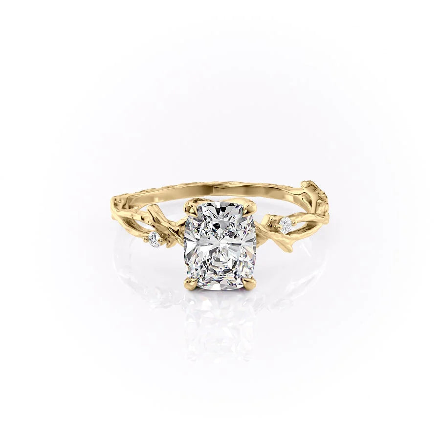 Eternal Weave 3.05 Carat VVS1 Lab-Grown Elongated Cushion Textured Three-Stone Engagement Ring in 18K Yellow Gold Front View