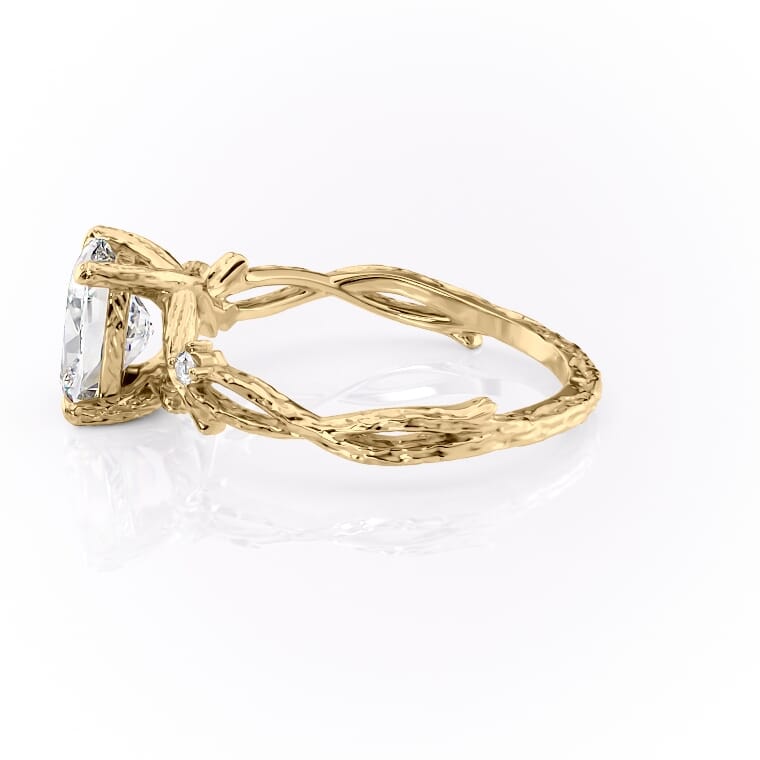 Eternal Weave 3.05 Carat VVS1 Lab-Grown Elongated Cushion Textured Three-Stone Engagement Ring in 18K Yellow Gold Left View