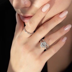 Ethereal Twist VVS1 Lab-Grown Diamond Vintage Wedding Ring in 18K White Gold Closeup Finger View2