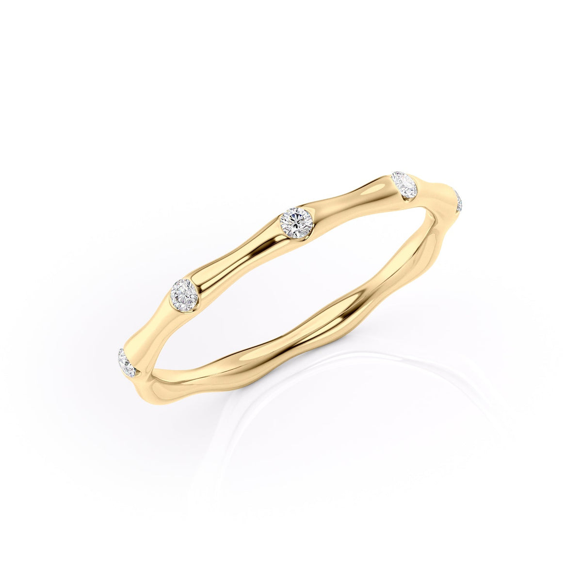 Gentle Wave VVS1 Lab‑Grown Half Eternity Wedding Ring in 18K Yellow Gold Standing View