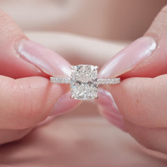 Halcyon Curve 2.10 Carat VVS Lab-Grown Elongated Cushion Hidden Halo Pave Engagement Ring in 18K White Gold Closeup View