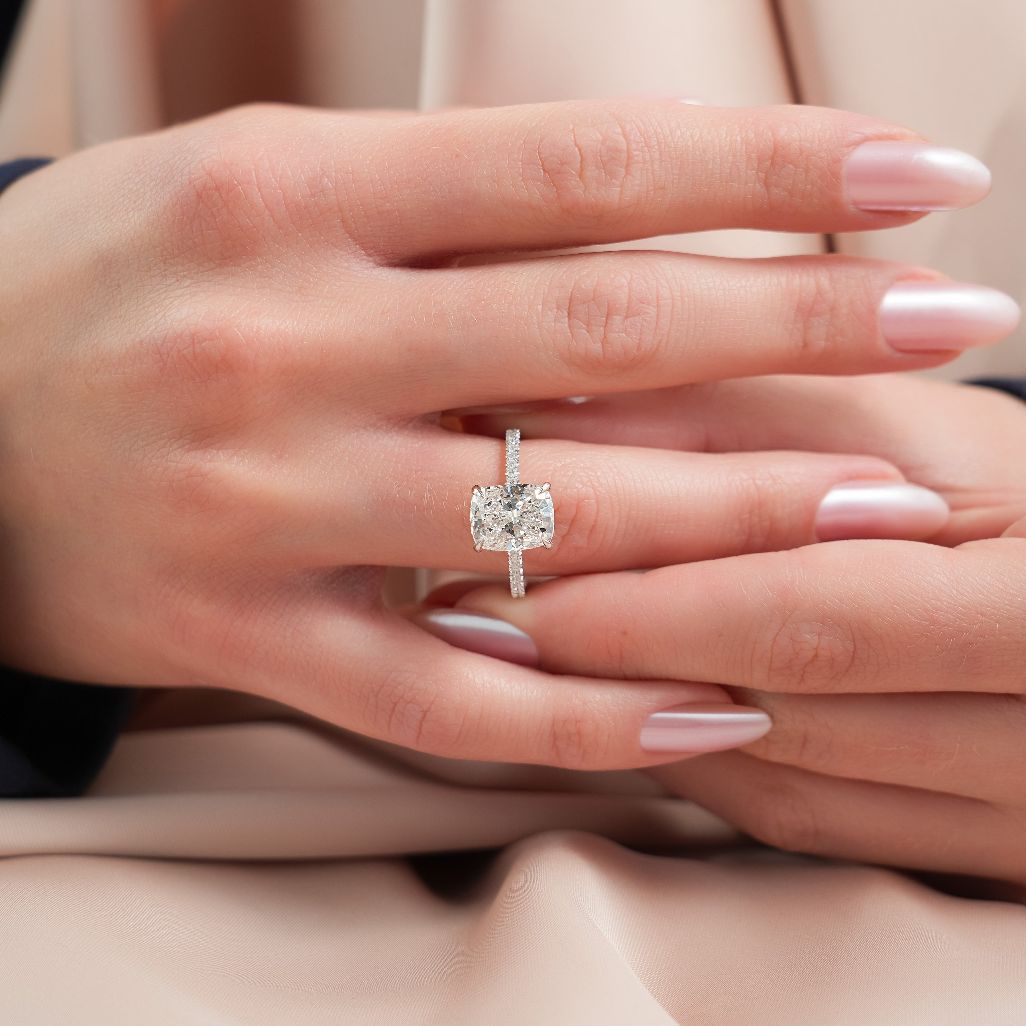 Halcyon Curve 2.10 Carat VVS Lab-Grown Elongated Cushion Hidden Halo Pave Engagement Ring in 18K White Gold Finger View