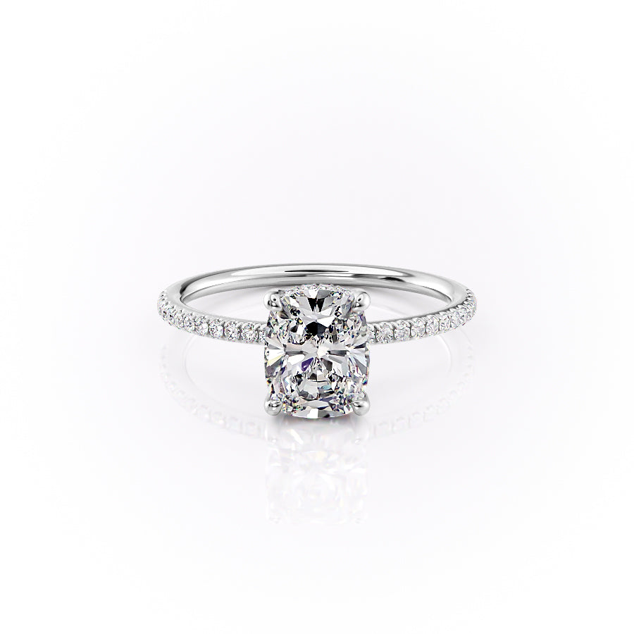 Halcyon Curve 2.10 Carat VVS Lab-Grown Elongated Cushion Hidden Halo Pave Engagement Ring in 18K White Gold Front View