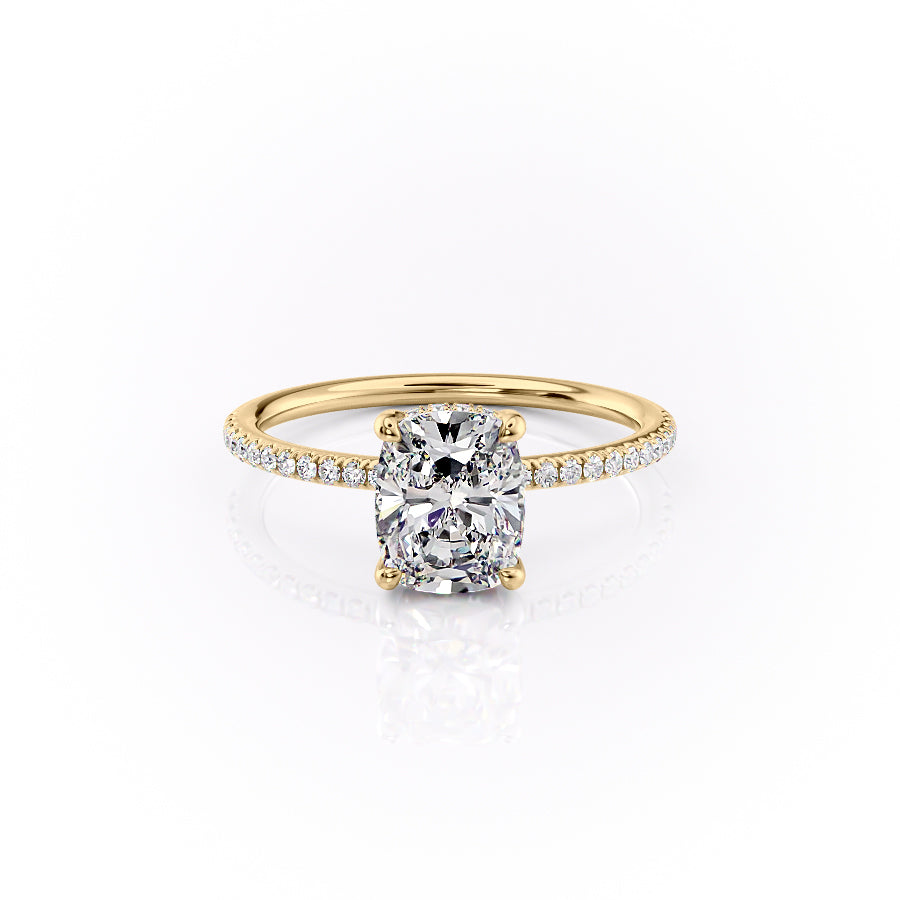 Halcyon Curve 2.10 Carat VVS Lab-Grown Elongated Cushion Hidden Halo Pave Engagement Ring in 18K Yellow Gold Front View