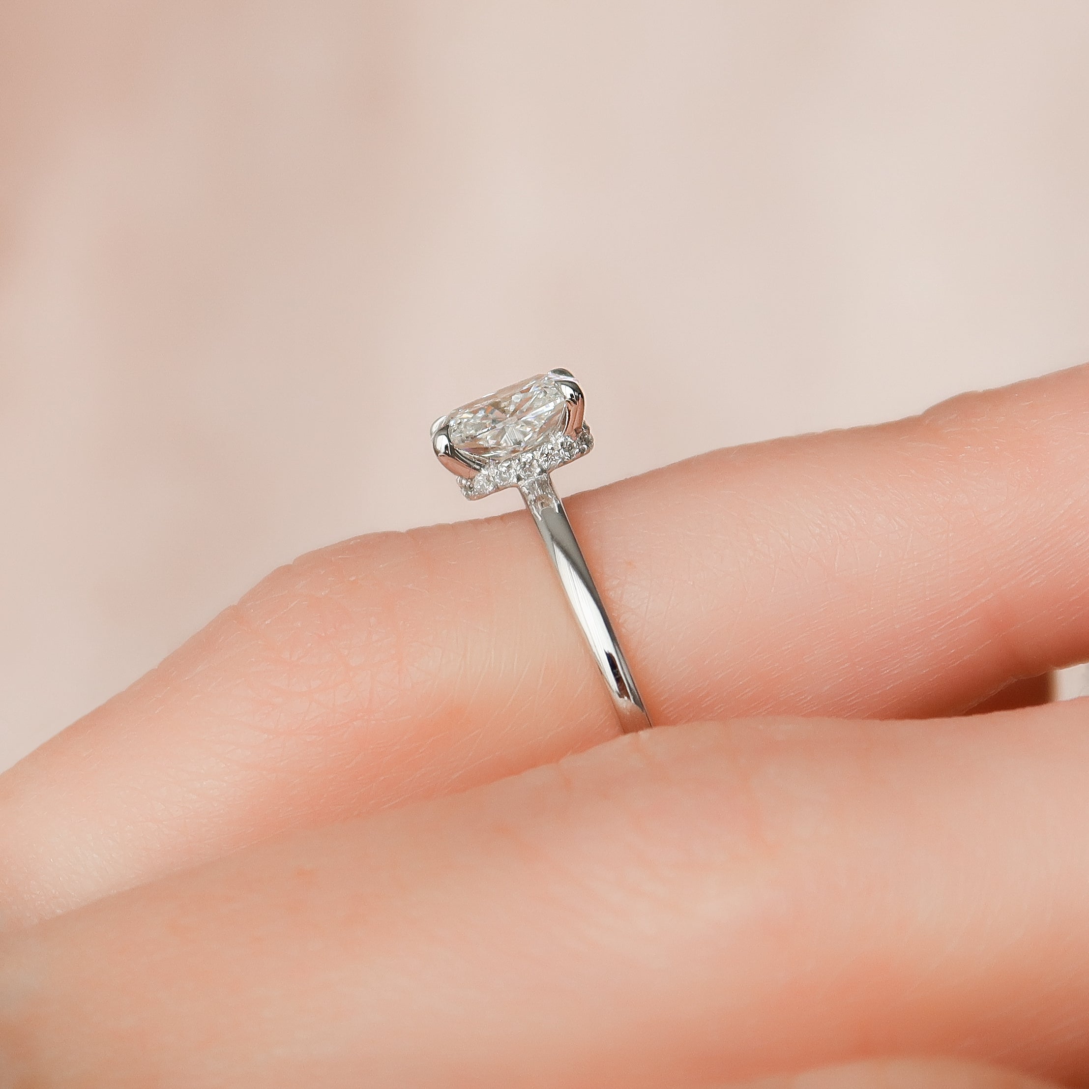 Heavenly Drift Elongated Cushion 2.50 Carat VVS1 Lab-Grown Hidden Halo Engagement Ring in 18K White Gold Finger Closeup View