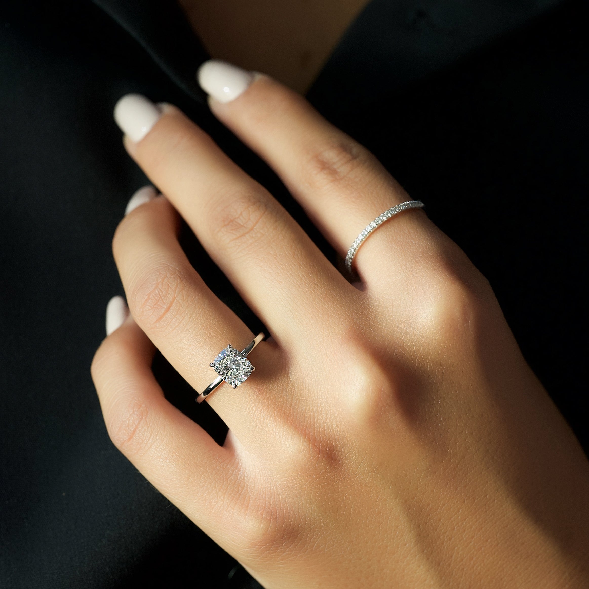 Heavenly Drift Elongated Cushion 2.50 Carat VVS1 Lab-Grown Hidden Halo Engagement Ring in 18K White Gold Hand View