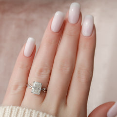 Infinite Rays 2.50 Carat VVS1 Lab-Grown Radiant Three-Stone Ring in 18K White Gold Hand View 