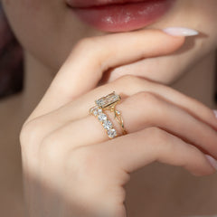 Infinite Rays 2.50 Carat VVS1 Lab-Grown Radiant Three-Stone Ring in 18K Yellow Gold Hand Side View