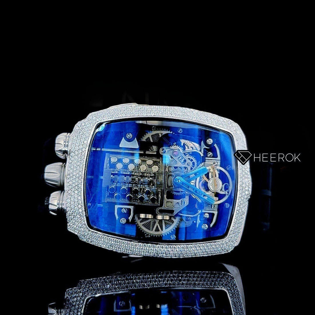 Jacob & Co Bugatti Style Blue Sapphire Crystal Skeleton Dial Diamond Bezel Semi Iced Moissanite Diamond Black Rubber Strap Front View