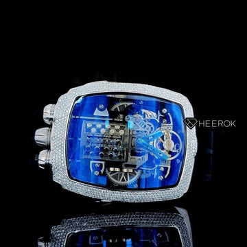 Jacob & Co Bugatti Style Blue Sapphire Crystal Skeleton Dial Diamond Bezel Semi Iced Moissanite Diamond Black Rubber Strap Front View