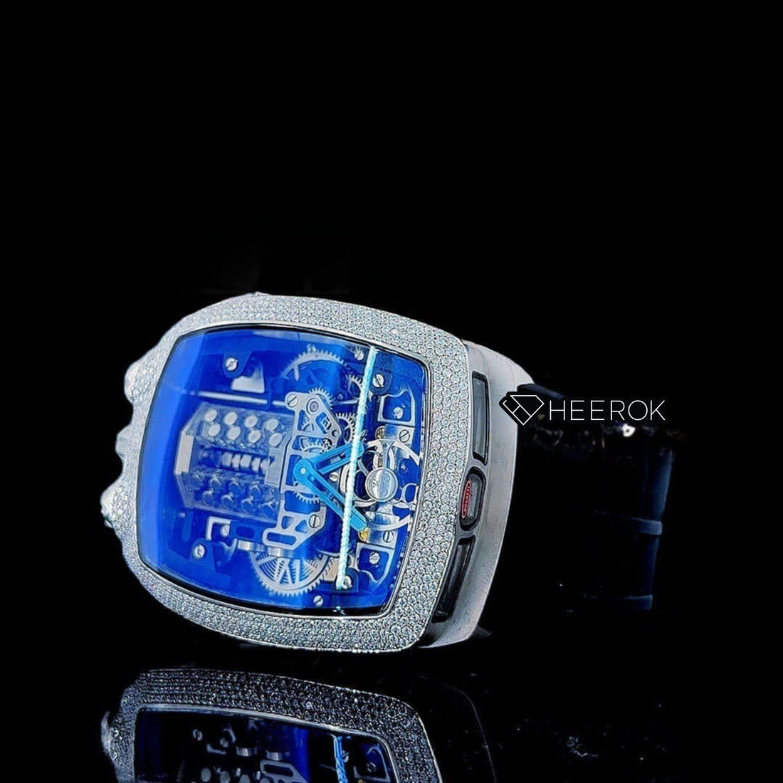 Jacob & Co Bugatti Style Blue Sapphire Crystal Skeleton Dial Diamond Bezel Semi Iced Moissanite Diamond Black Rubber Strap Front View