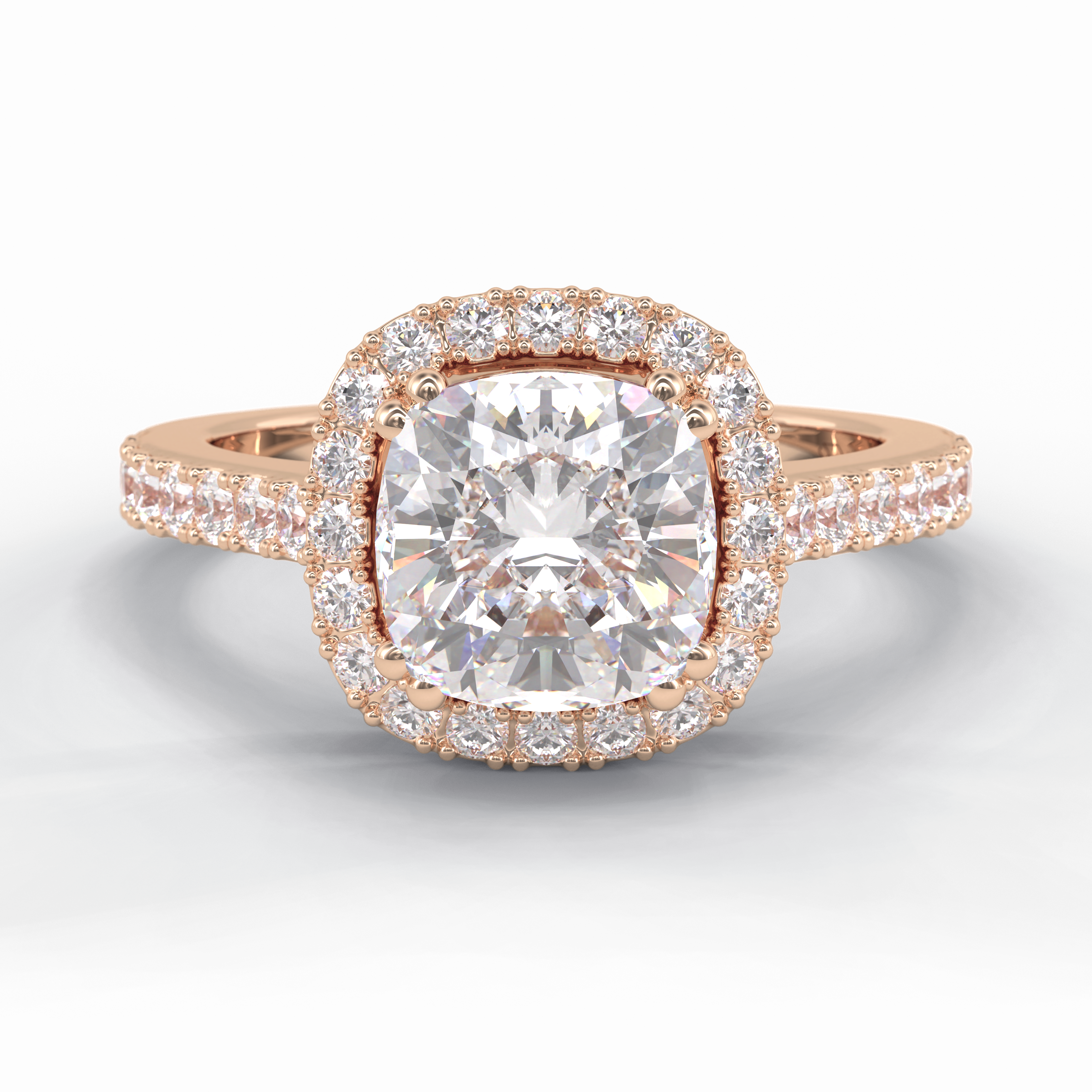 Luminous 2.37 Carat Cushion VS1 Moissanite Halo Engagement Ring in 18K Rose Gold