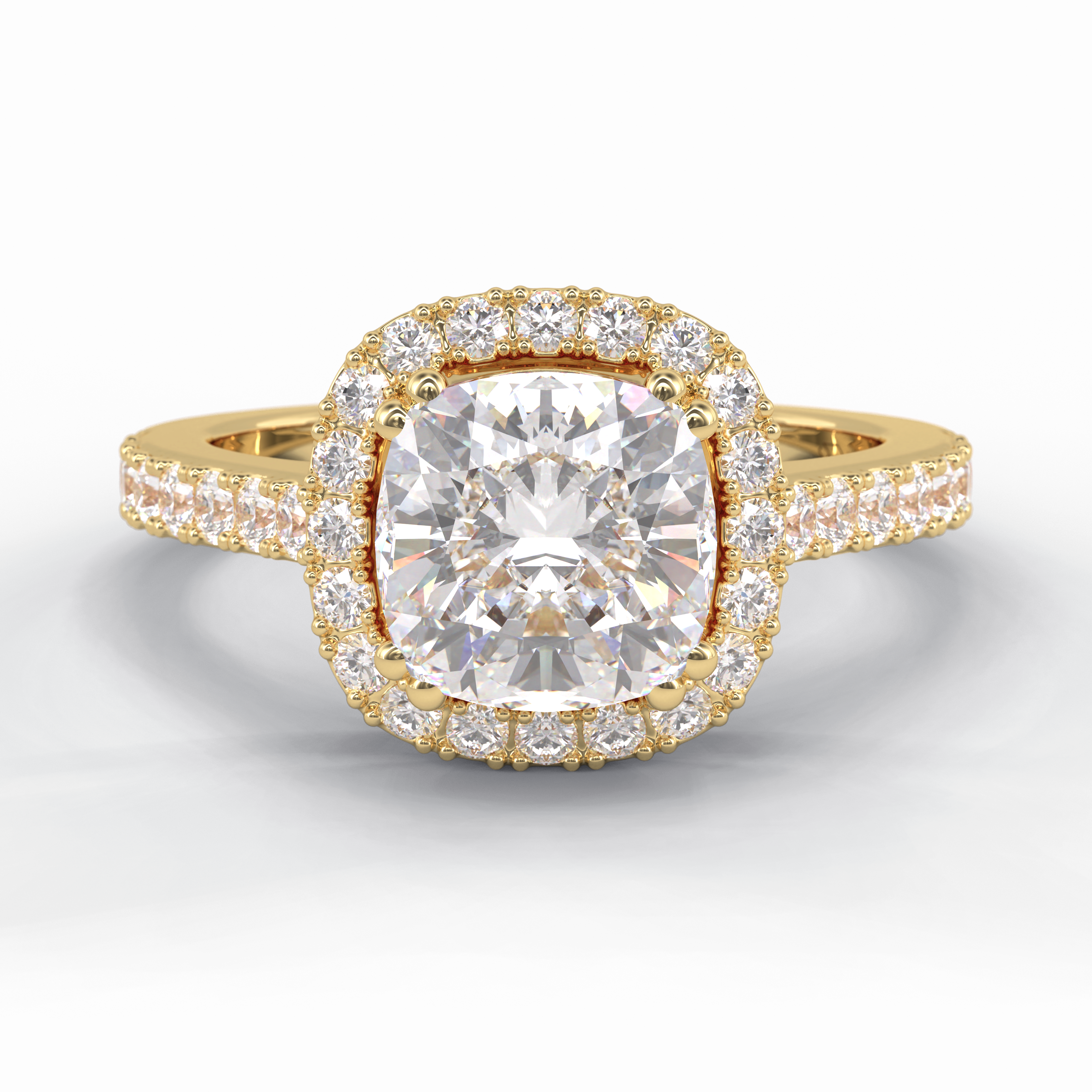 Luminous 2.37 Carat Cushion VS1 Moissanite Halo Engagement Ring in 18K Yellow Gold