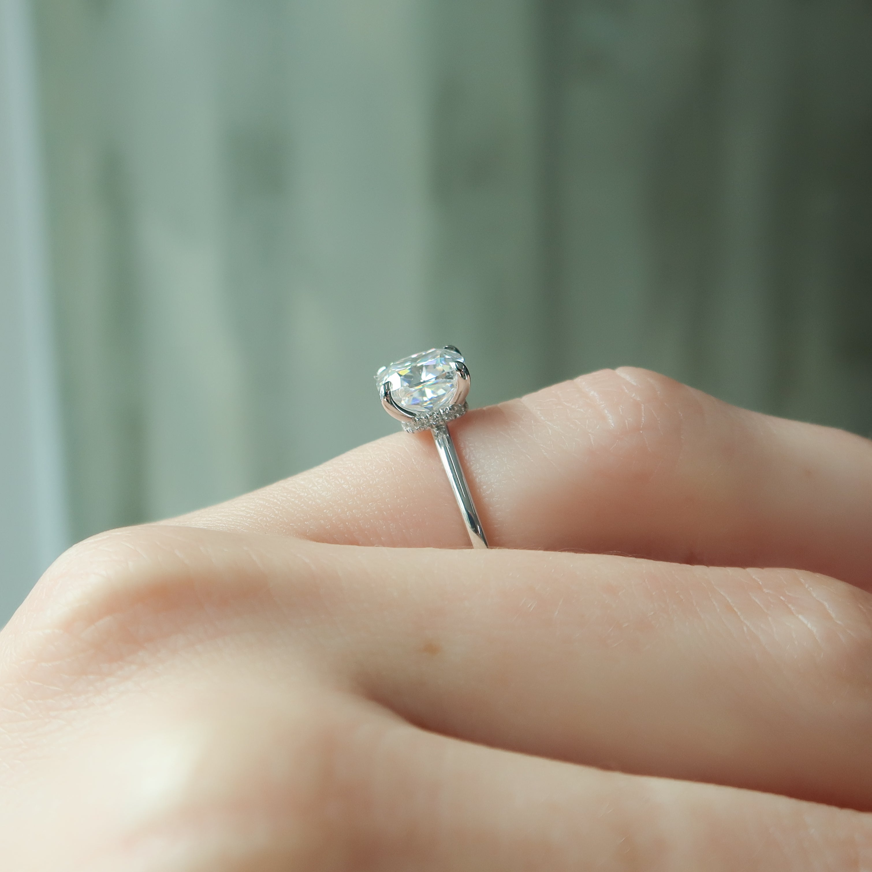 Luminous Glow 1.55 Carat VVS1 Lab-Grown Hidden Halo Engagement Ring in 18K White Gold Finger Closeup View