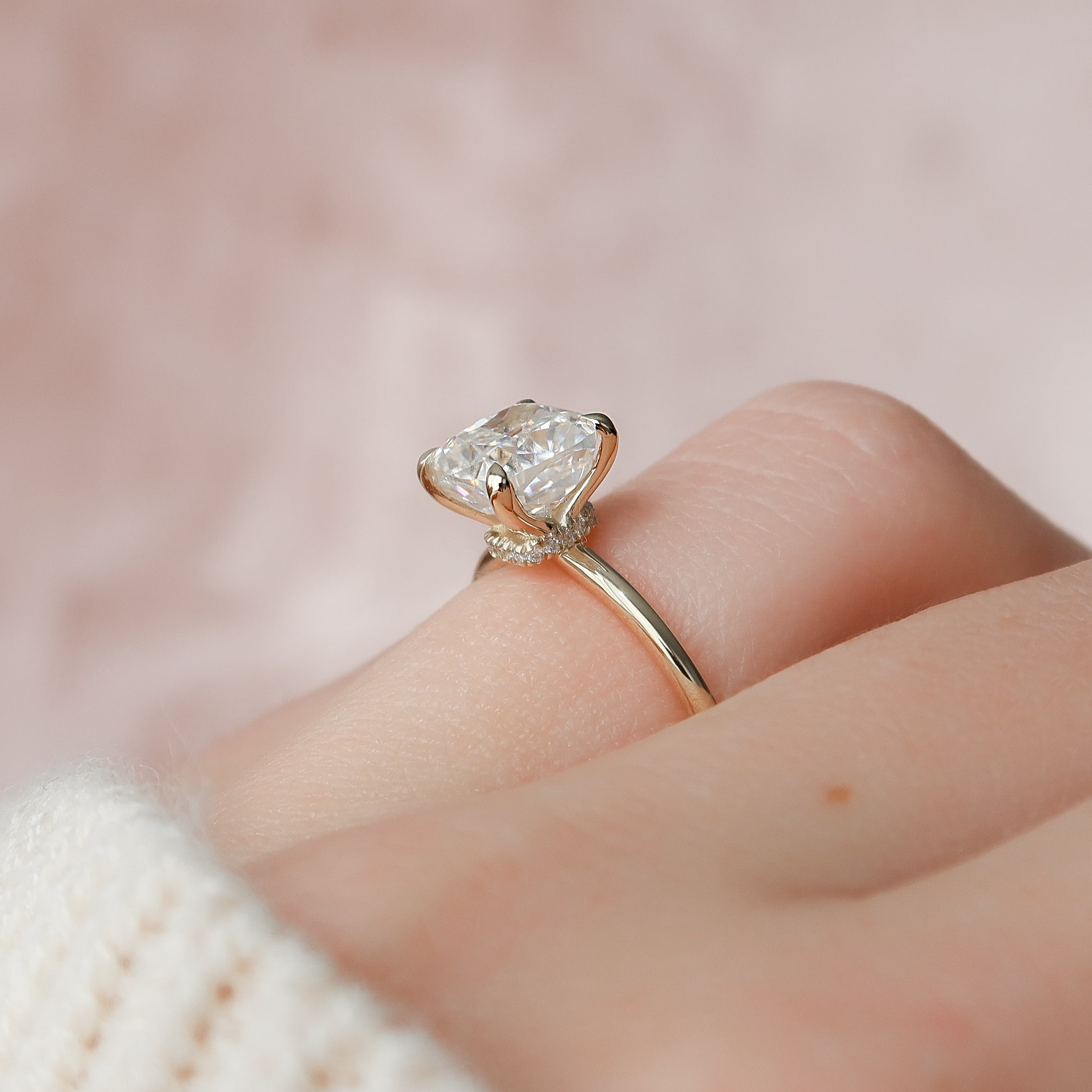 Luminous Glow 1.55 Carat VVS1 Lab-Grown Hidden Halo Engagement Ring in 18K Yellow Gold Finger Closeup View