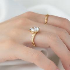 Luminous Glow 1 Carat VVS1 Lab-Grown Oval Pave Engagement Ring in 18K Yellow Gold Finger Side View