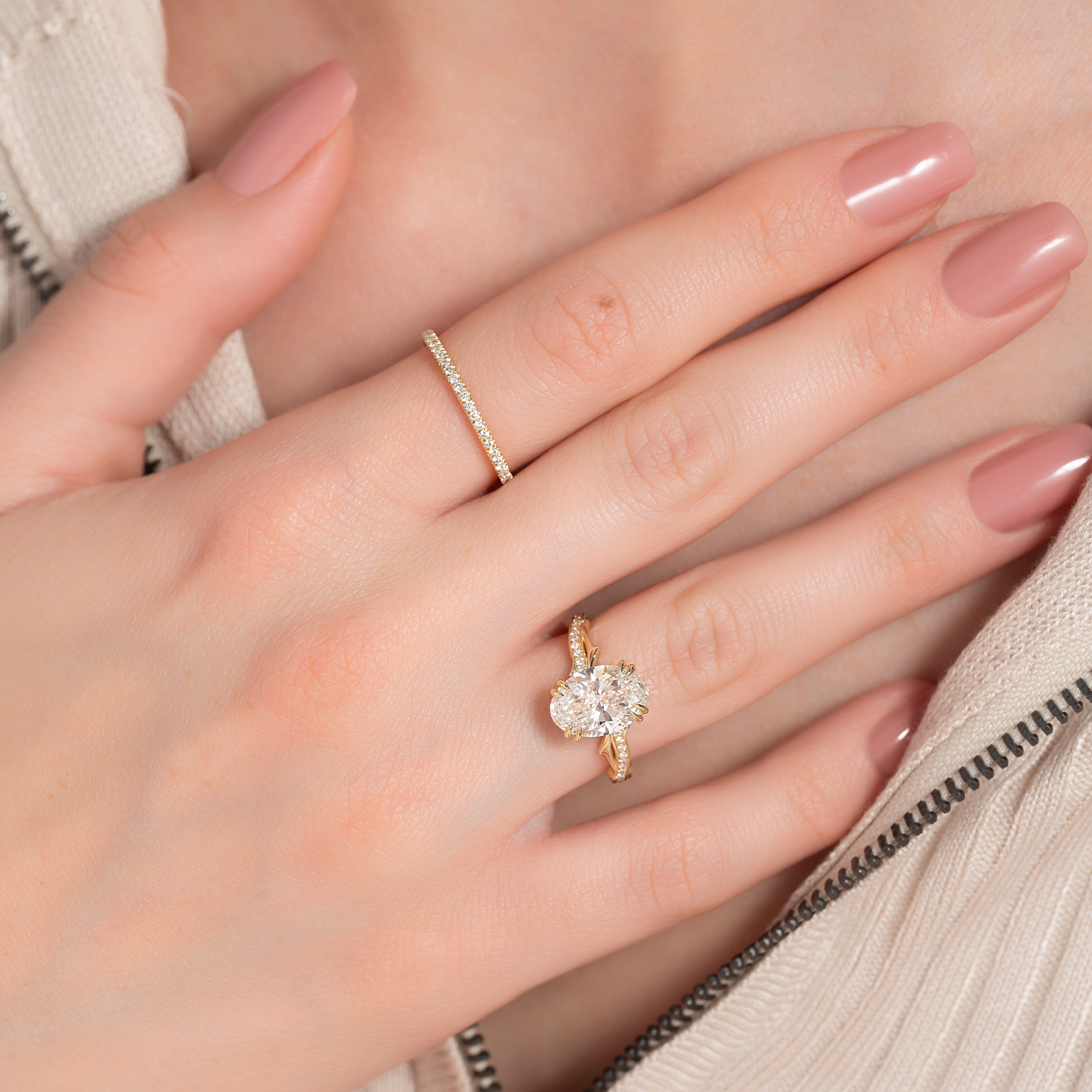 Luminous Glow 1 Carat VVS1 Lab-Grown Oval Pave Engagement Ring in 18K Yellow Gold Finger View