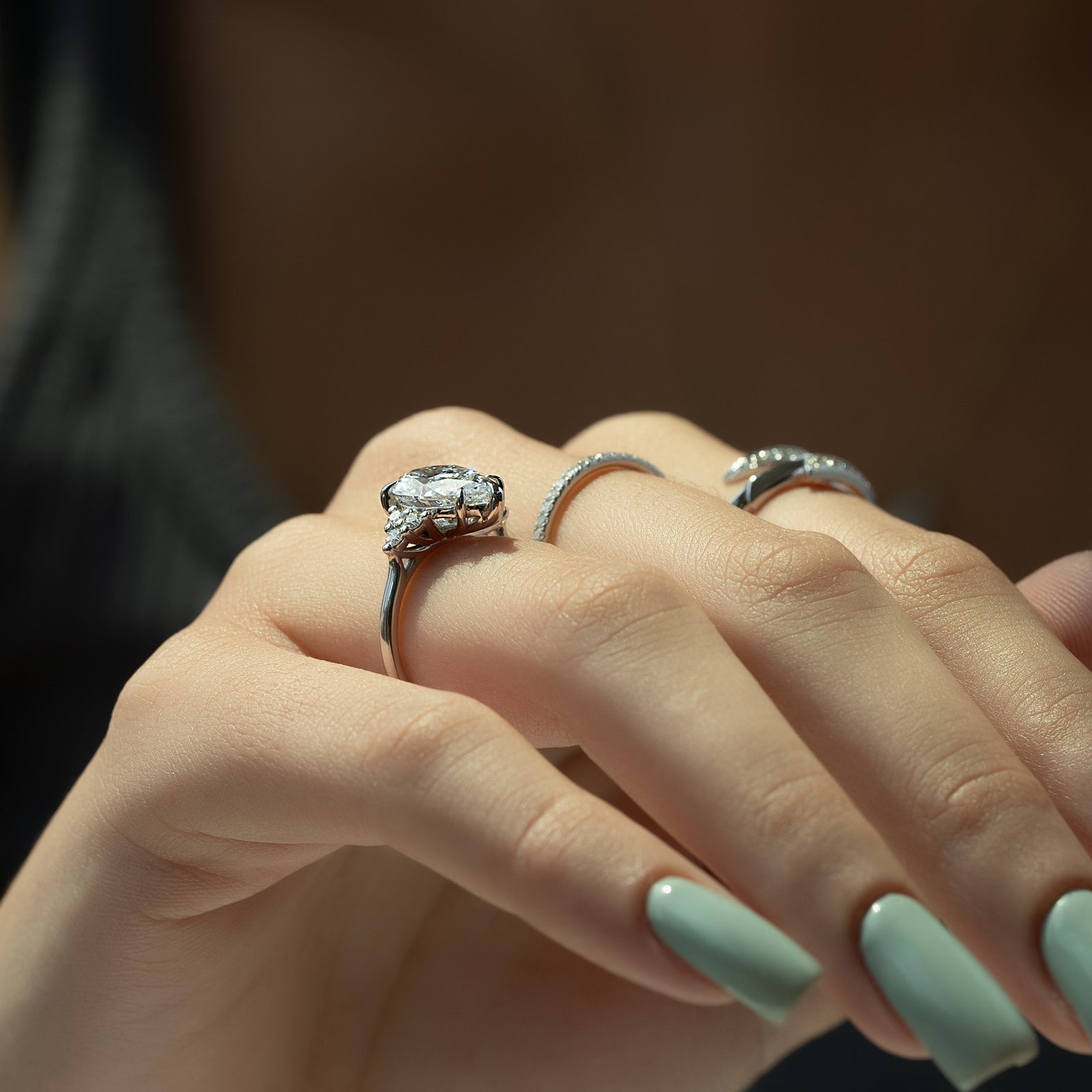 Luna Cascade 3.50 Carat VVS Lab-Grown Pear Engagement Ring in 18K White Gold Finger Side View