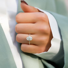 Lustrous Radiance 2 Carat VVS1 Lab-Grown Hidden Halo Pave Engagement Ring in 18K Yellow Gold Hand View