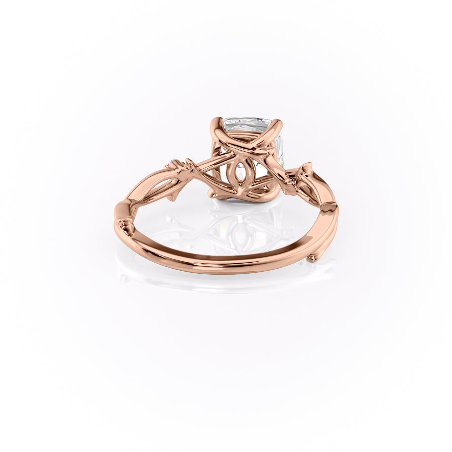 Lustrous Whim 1.50 Carat VVS1 Lab-Grown Cushion Three Stone Engagement Ring in 18K Rose Gold Back Cross View