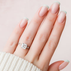 Lustrous Whim 1.50 Carat VVS1 Lab-Grown Cushion Three Stone Engagement Ring in 18K White Gold Finger View