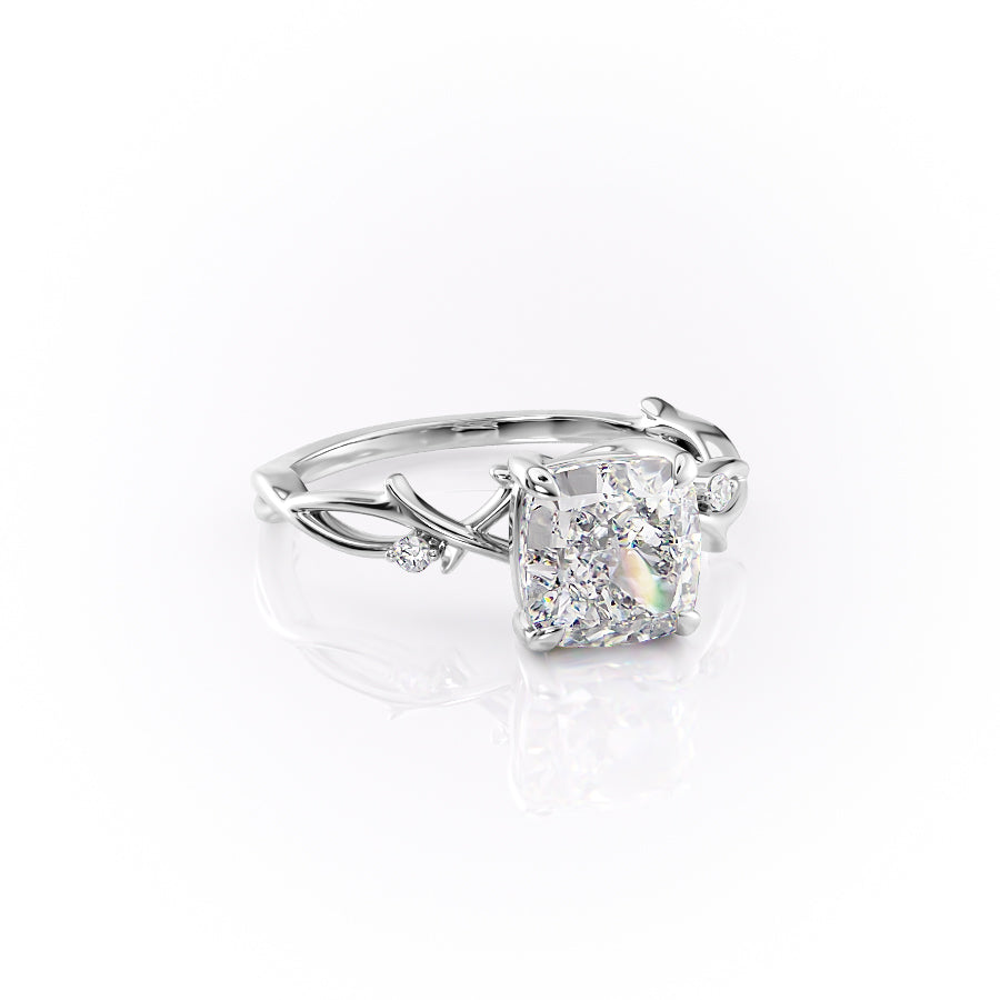 Lustrous Whim 1.50 Carat VVS1 Lab-Grown Cushion Three Stone Engagement Ring in 18K White Gold Front Cross View